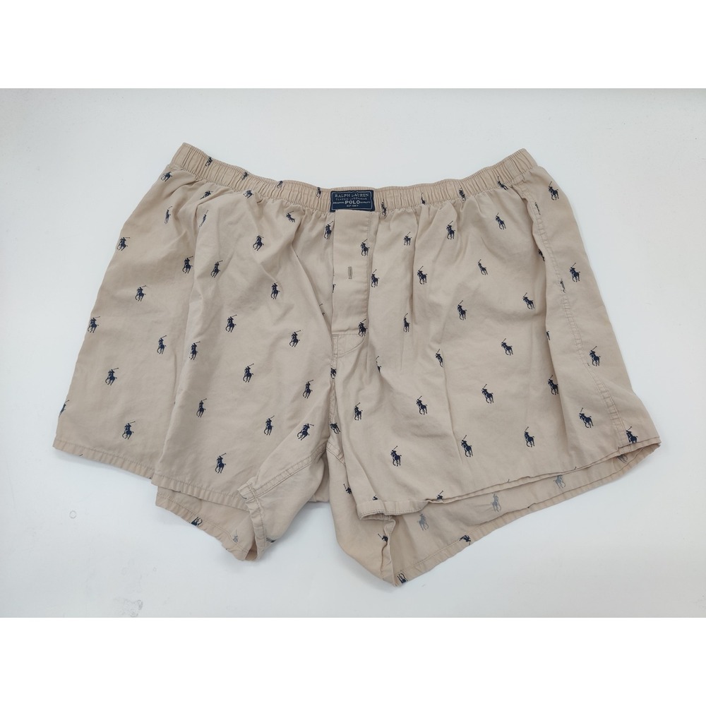 Polo Ralph Lauren Mens XL Tan Khaki Navy Pony Logo Woven Cotton Boxers Underwear